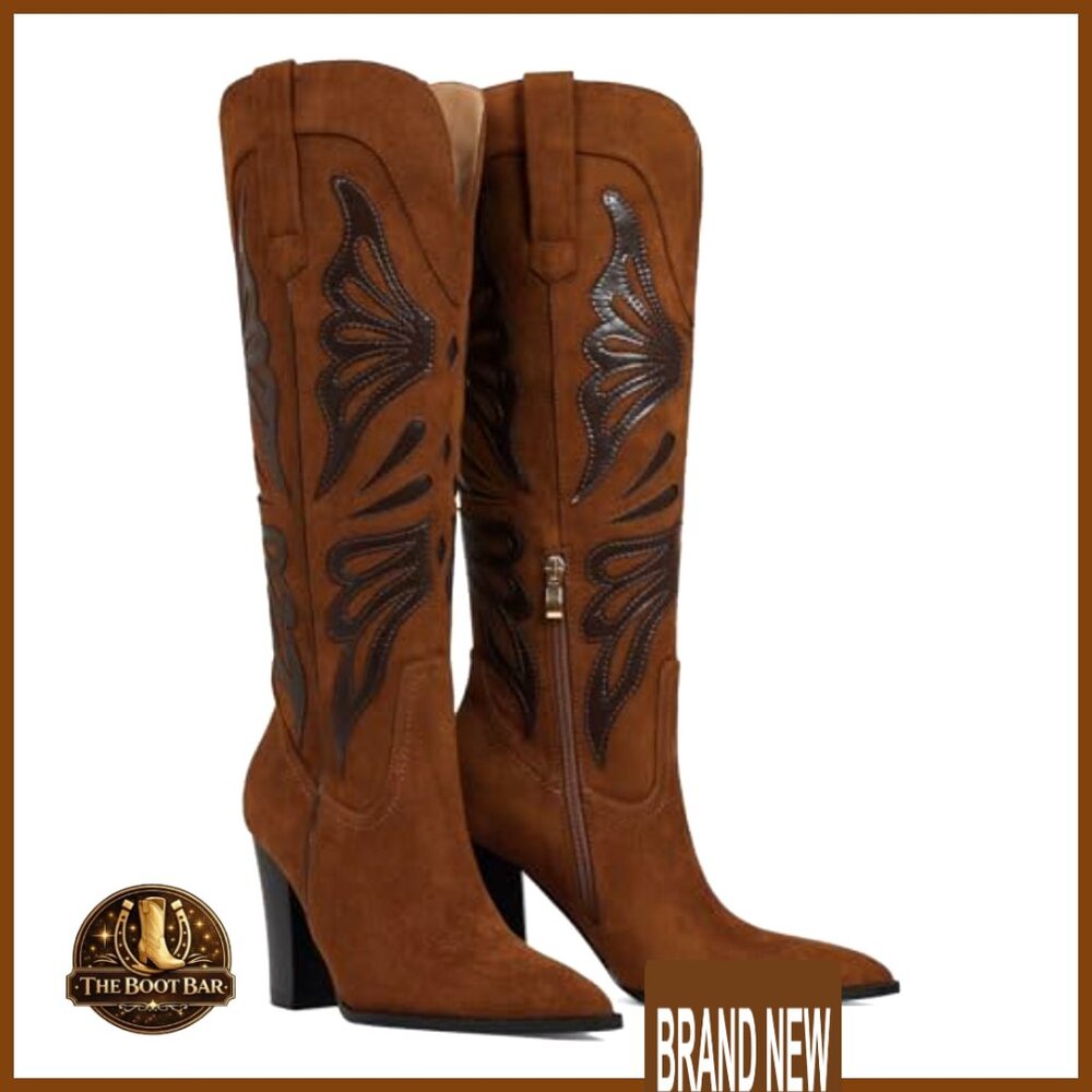 Pointed Toe Cowboy Boots Chunky Heel Knee High Wide Calf Western Elegant - Picture 4 of 7